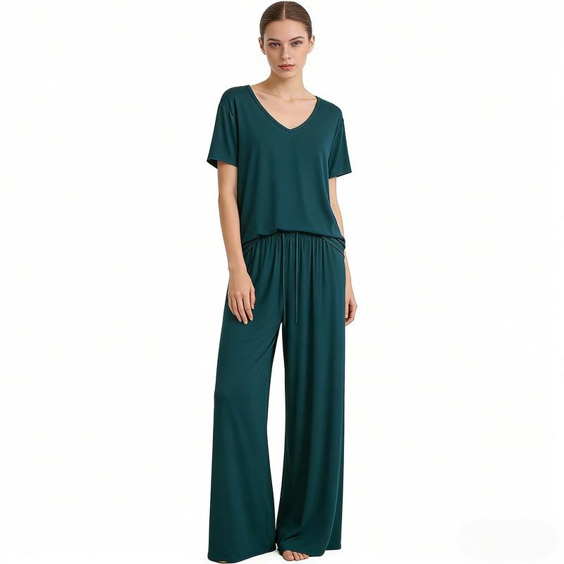 Modal Homewear 2pcs Pajamas Set Short Sleeve Tops and Trousers Solid Color Casual Loose Sleepwear Suit Plus Size Nightwear