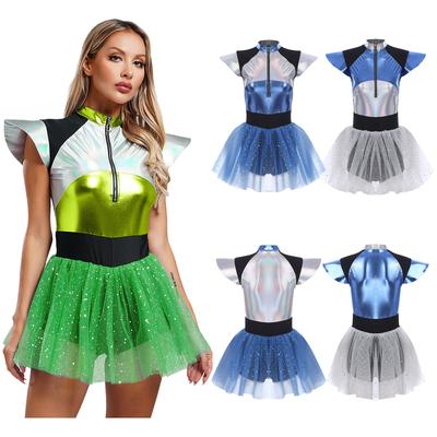 Macacão Feminino Cadete Espacial Manga Flare Fechamento Frontal com Zíper Saia de Tule Paetês Anexada Shortinho Macacão Cosplay de Astronauta