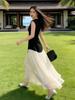 Korean Casual Sleeveless Color Block Mesh Maxi Dress - Women's Summer Slimming Style