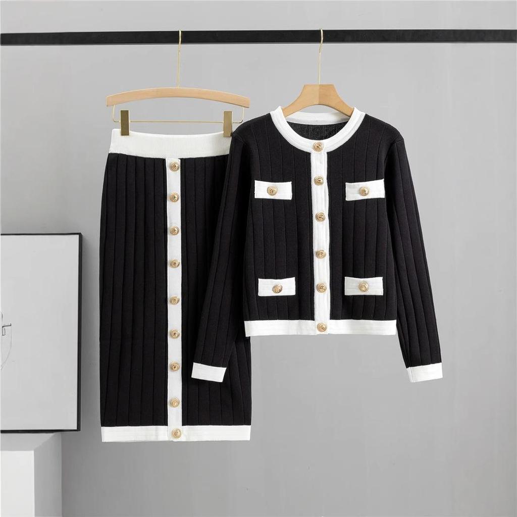 European Spring Midi Skirt & Knitted Cardigan Two-Piece Set for Women