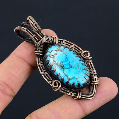 Tibetan Turquoise Gemstone Pure Copper Wire Wrapped Handmade Pendant Jewelry