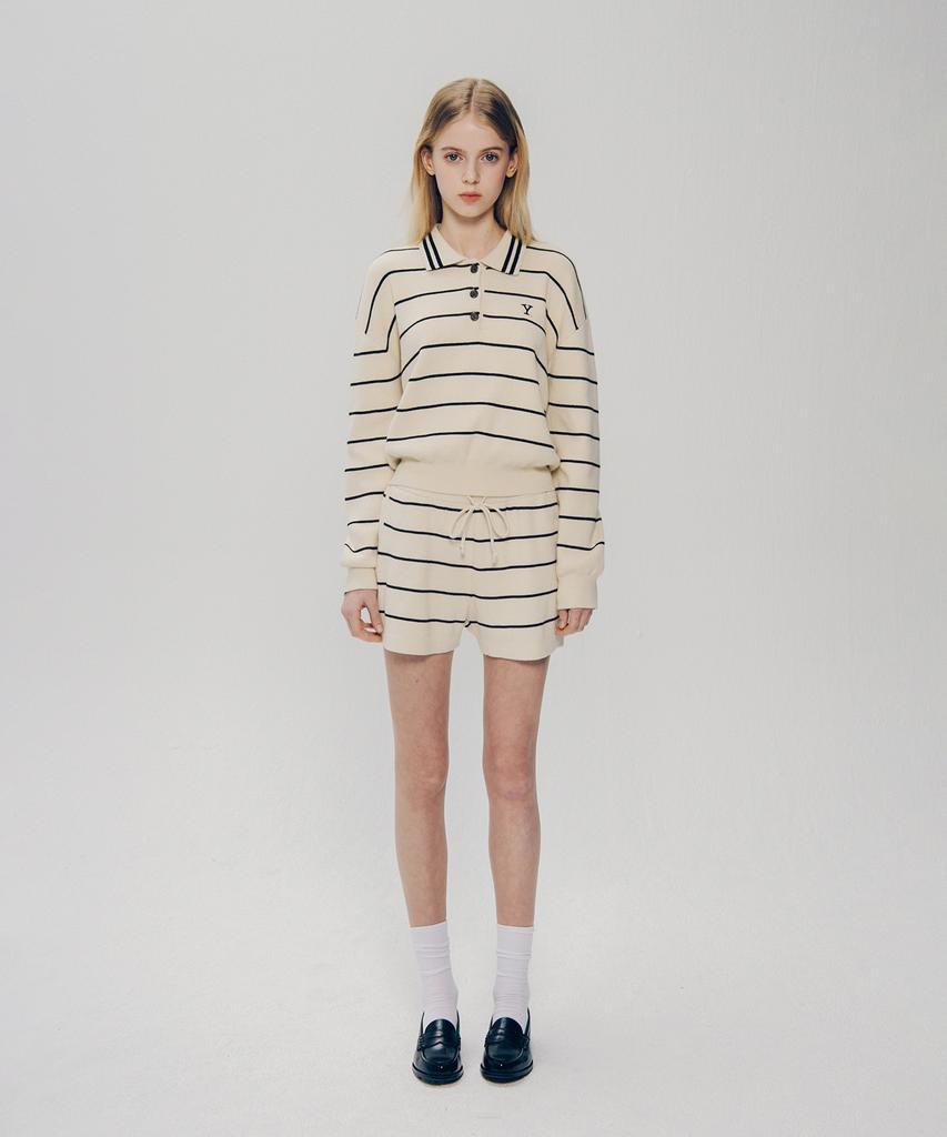 YALE Women'S Y Logo Striped Polo Knit_Ivory