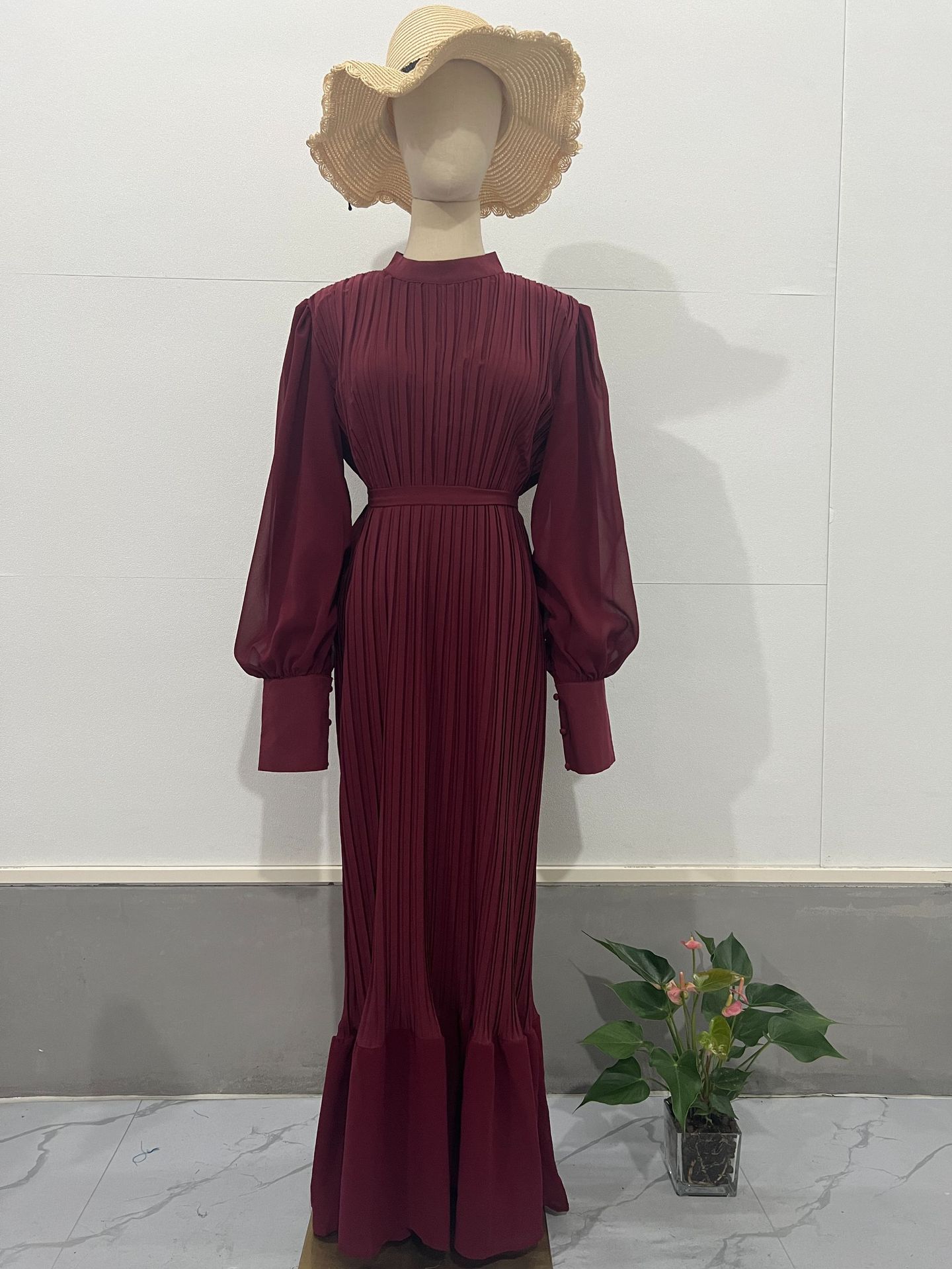 

Элегантное платье макси «русалка» с длинными рукавами и сборками, с завышенной талией для женщин, вечернее платье S бордовый