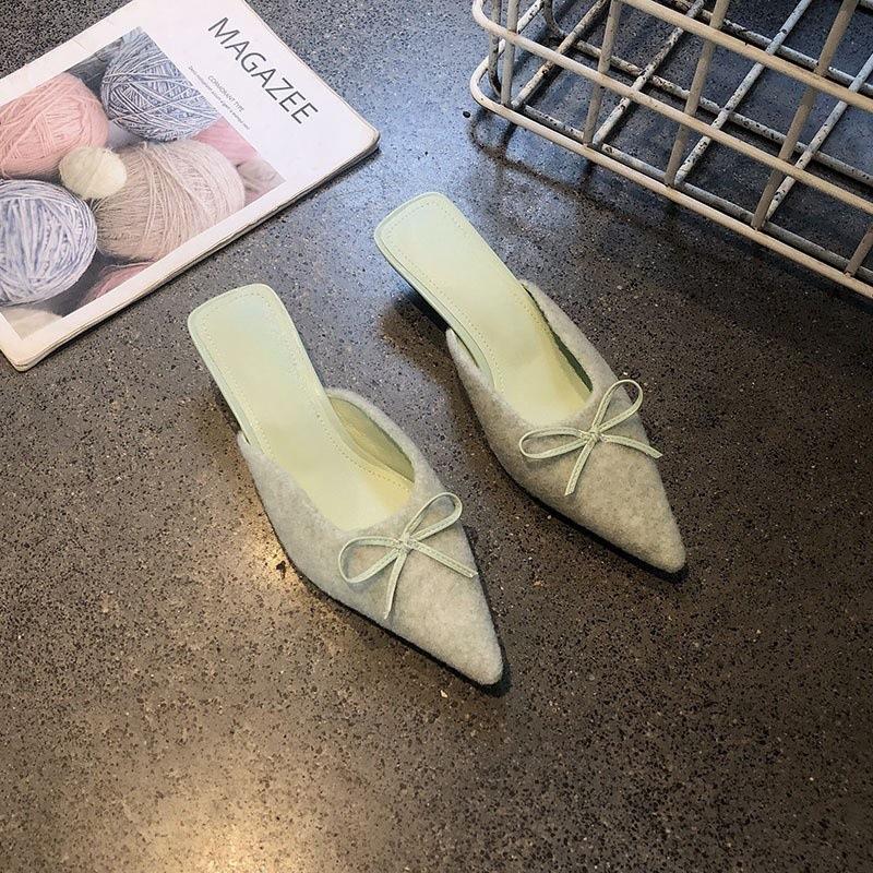 

Сумка с бантом в сказочном стиле, темпераментная, головные полушлепанцы для улицы, 2025 новинка, сандалии на толстом каблуке с острым носком и открытым верхом 40 зелёный