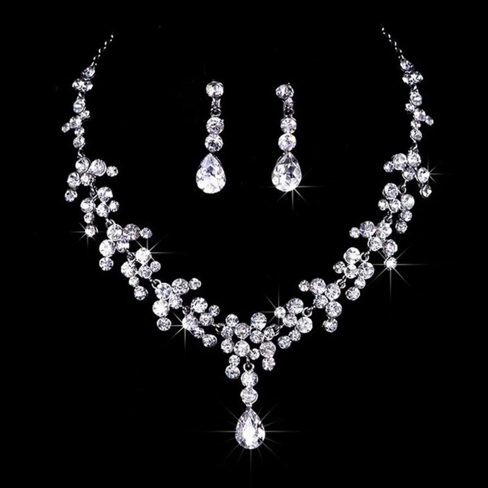 Crystal Stones Silver Color Rhinestone Bridal Wedding Sets Necklace Earrings Tiara Jewelry Set for Women Gift