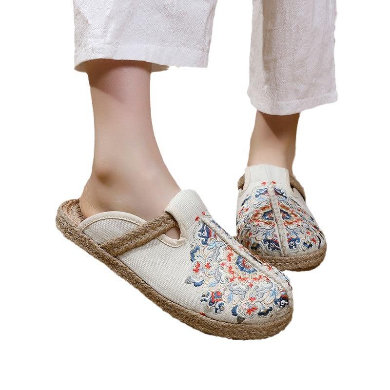 Summer new bag head half slippers women can wear ethnic style embroidered cool slippers flat heel thick sole linen lazy shoes