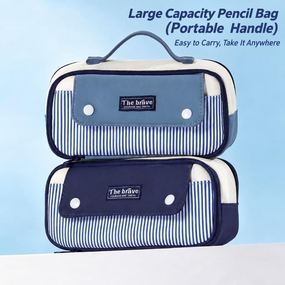 1Pc Color-Blocking Pencil Case Striped Print Stationery Pouch Durable Stationery Storage Bag Boys