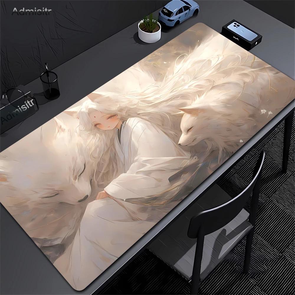 Pink Fox Large Gaming Mousepad XXL Gamer Mouse Pad Office Long Table Accessories Mouse Mat Kawaii Nine-tailed Fox Desk Mat Xxl