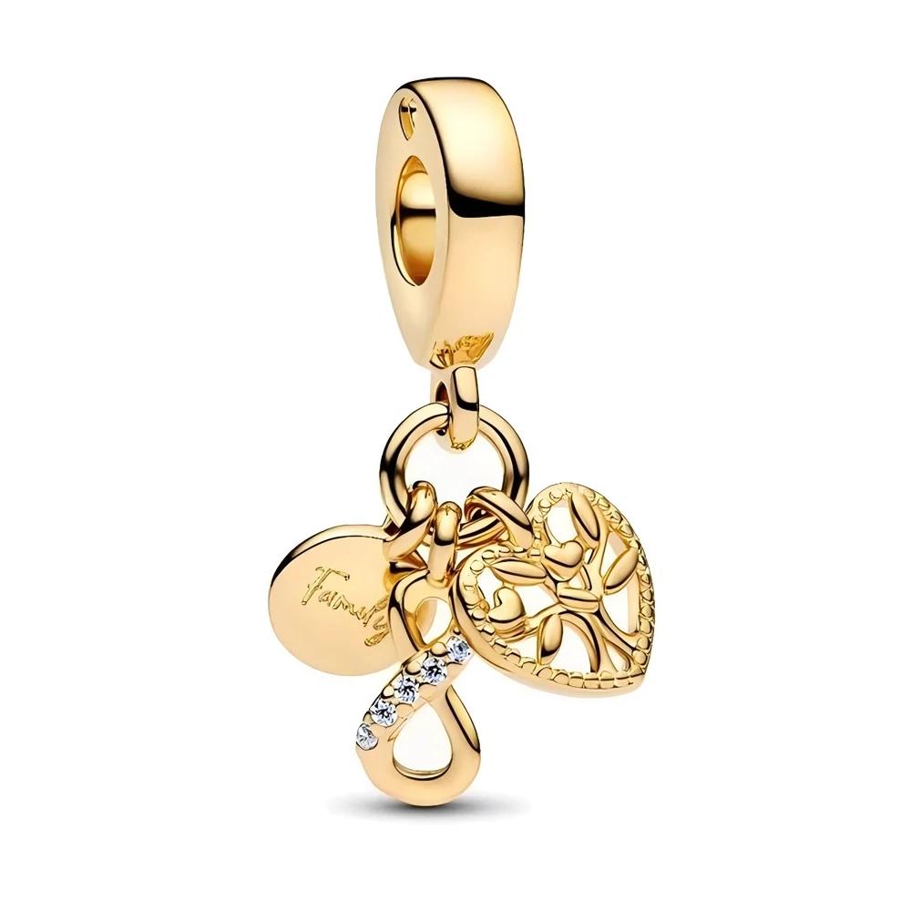 Gold Series Family Infinity & Airplane Globe Suitcase Triple Dangle Charm Fit Pan Bracelet DIY Women's Jewelry Gift
