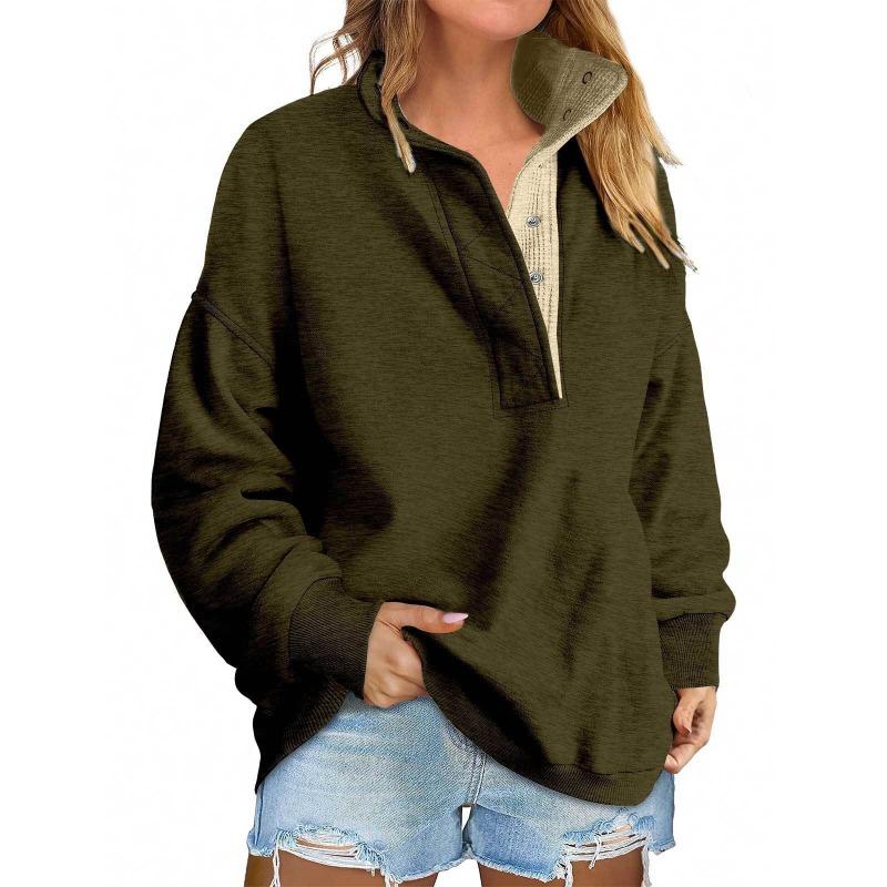 Women European Style Casual Loose Button V Neck Long Sleeve Pullover Sweatshirt