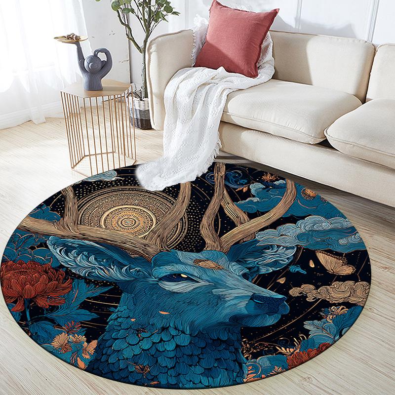 Deer Round Area Rug,Carpet Rug for Living Room Bedroom Sofa Playroom Decor,Non-slip Floor Mat