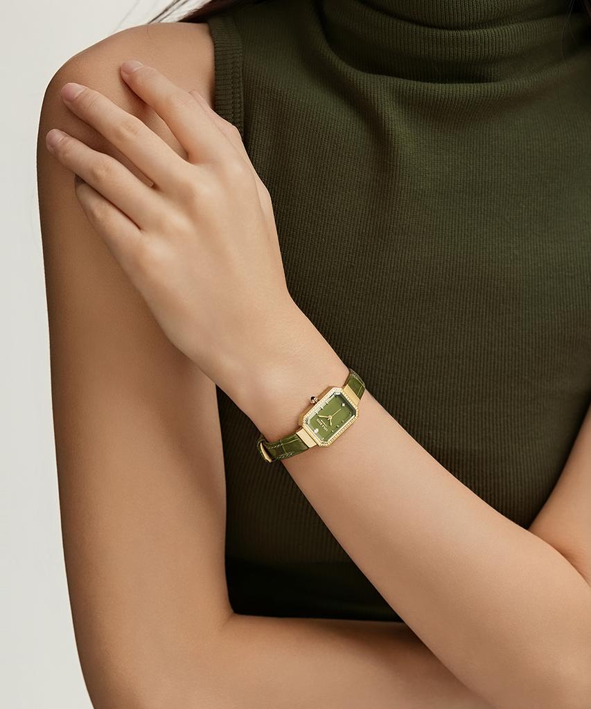 Lollalojeu Ms. Lola Green Onyx Zirconia Leather Wristwatch