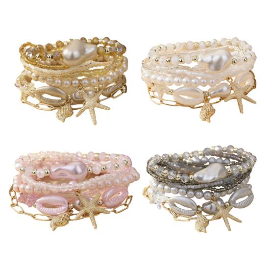 Summer Beach Bracelet for Women Faux Pearl Seashell Starfish Boho Layered Beaded Bracelets Handmade Stretch Bracelet