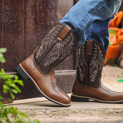Cowboy Boots for Men Square Toe Western Boot Retro Classic Embroidered Pull On Boot Slip Resistant Boots Men's Comfor Faux Leather Mid-Calf Booties