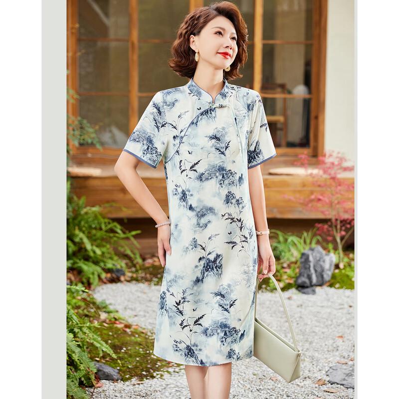 Elegant Summer Chinese Qipao Print Short-Sleeved Dress