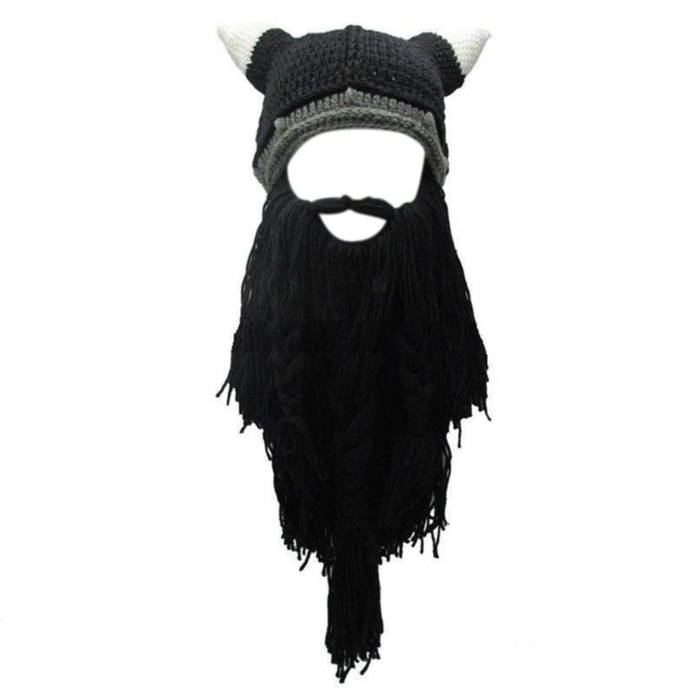 Horn Hat Viking Beard Beanie Handmade Knit Big Beard Mask Hat Wig Beard Hats Costume Accessory