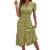 Women's Button Down Ruched Long Dress Casual Short Sleeve V-Neck Maxi Dress Summer Beach A-Line Swing Sundress