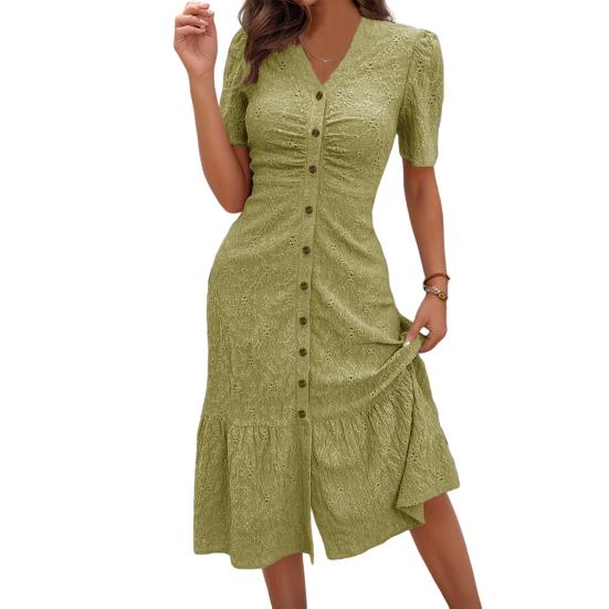 Women's Button Down Ruched Long Dress Casual Short Sleeve V-Neck Maxi Dress Summer Beach A-Line Swing Sundress