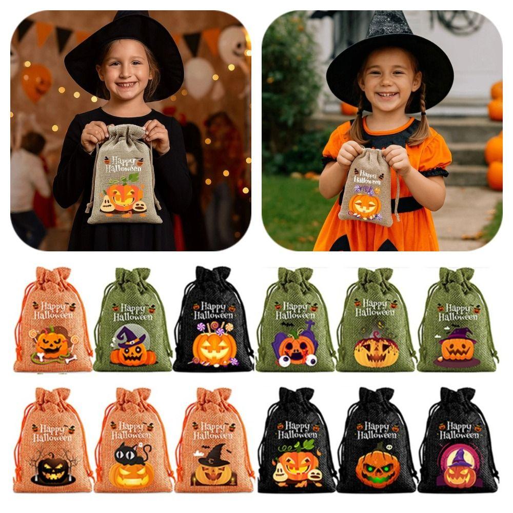 

12Pcs Handheld Halloween Linen Drawstring Bags Pumpkin Ghost Pumpkin Sugar Pocket Snacks Orange