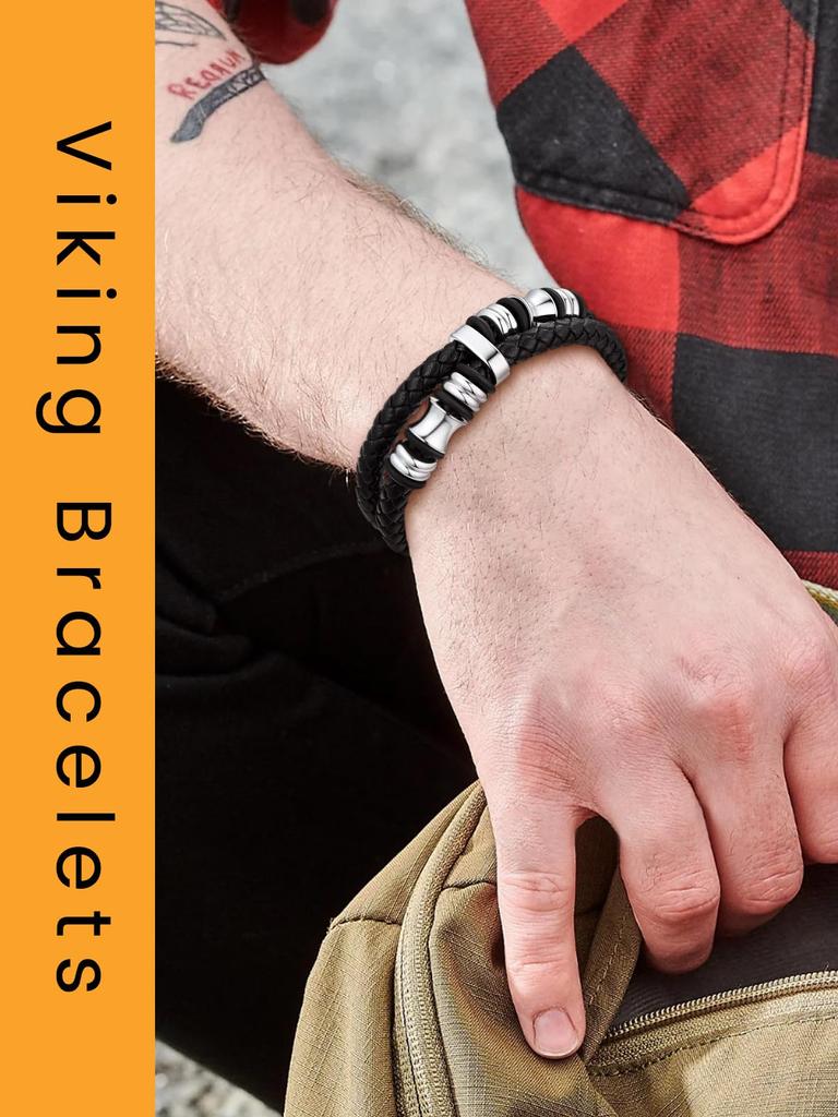 Bracelet Leather Magnetic Buckle Stainless Steel Waterproof Thick Braided Leather Bracelet Accessory Casual Bang [Bestyle] Men's Men's (Silver)