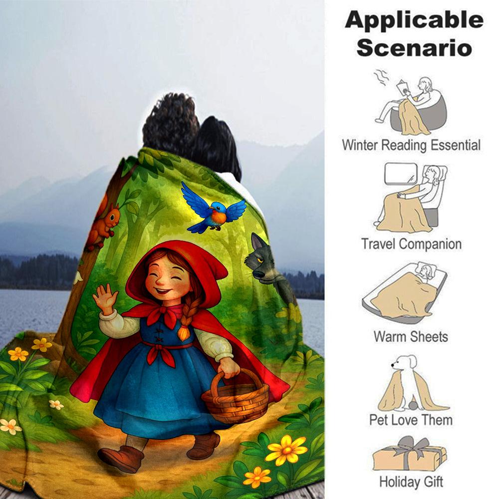 Little Red Riding Hood Cartoon Fairy Tale Print Flannel Throw Blanket—Soft, warm, and cozy; suitable for sofas, beds, and home décor.