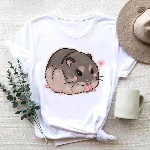 Cartoon Cute Hamster Cartoon Cute Hamster Baby Round Neck Big Size Round Neck Black T-shirt Woman Tops