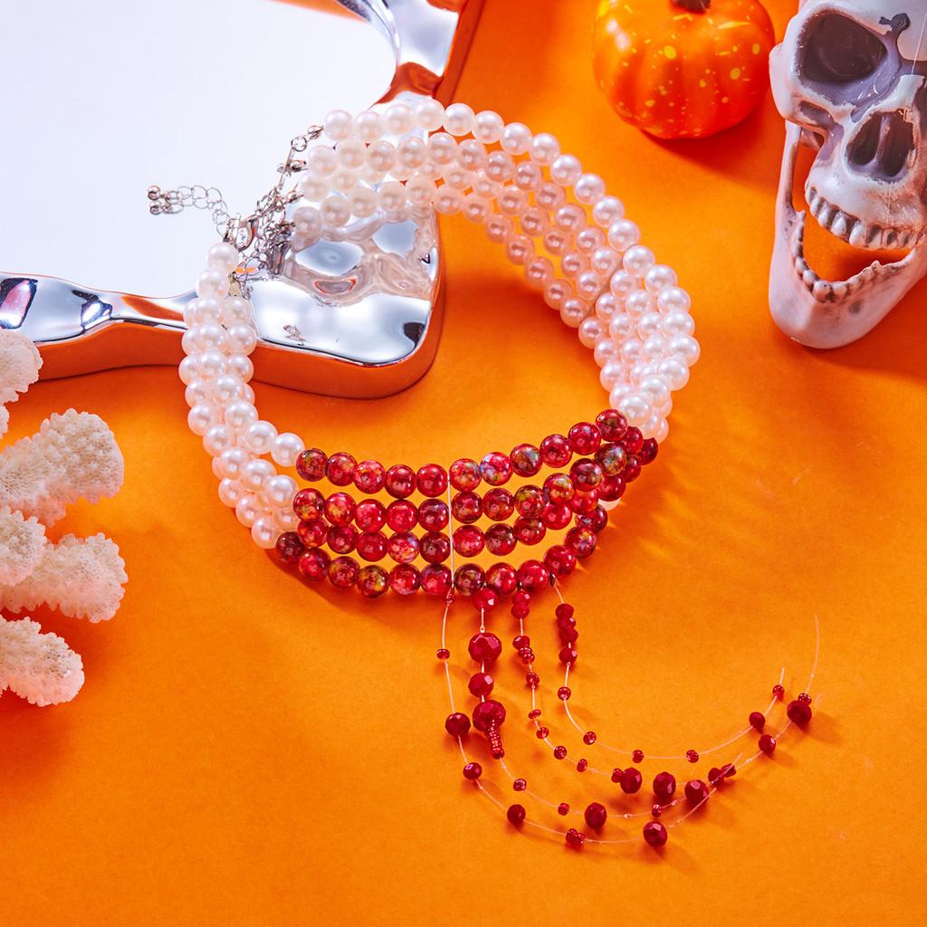 Halloween Blood Drop Pearl Necklace With Handcrafted Geometric Design For Women