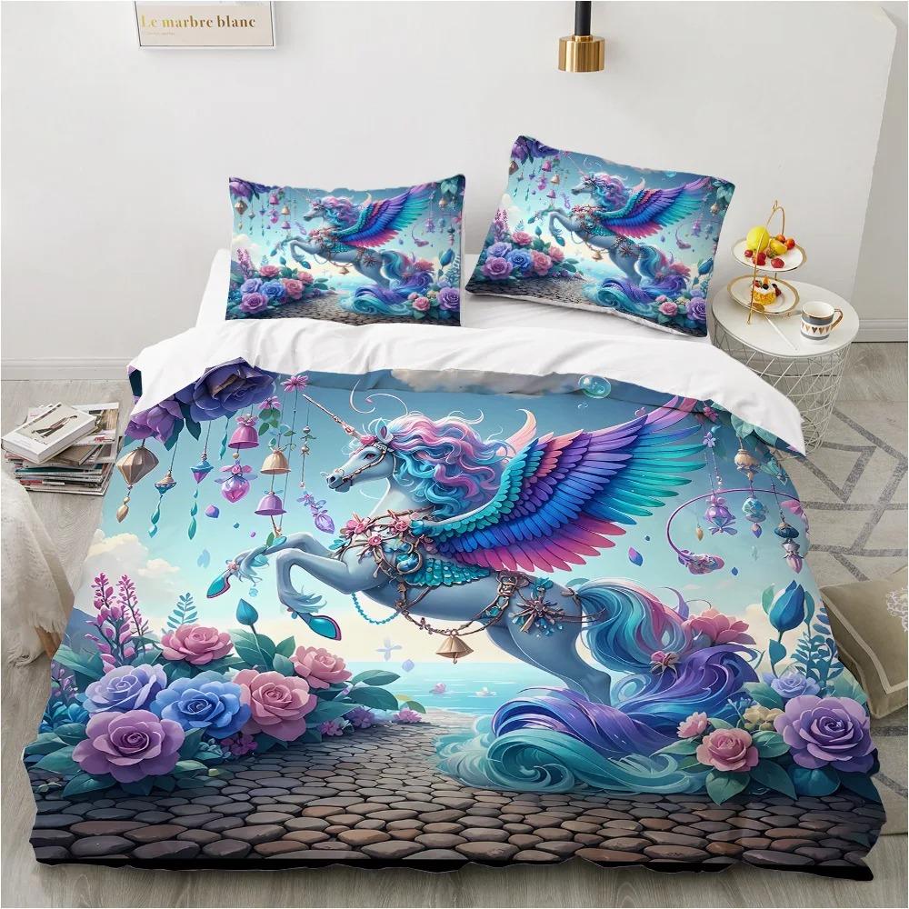 Cute Cartoon Unicorn Duvet Cover Set, Rainbow Floral Kids Bedding, 3D Printed Soft Microfiber Quilt Cover Pillowcase