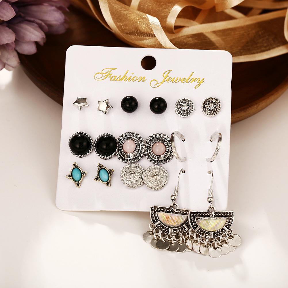 9Pairs/Set Women Retro Elegant Alloy Bright Fashion Earrings