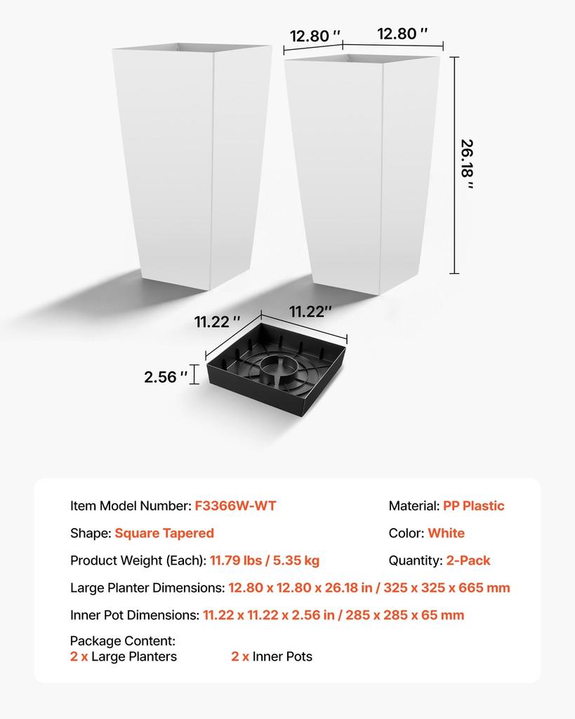 Tall Planters Set of 2, 665 Mm Large Outdoor Taper Planters for Outdoor Indoor Plants, Front Porch Plastic Modern Flower Pots with Casters, Inner Pot