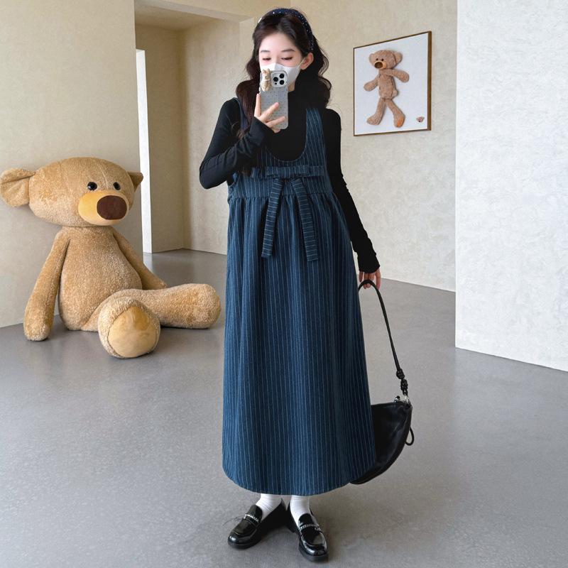 2026 Striped Woolen Maternity Vest Dress & Base Layer Set - Korean Style
