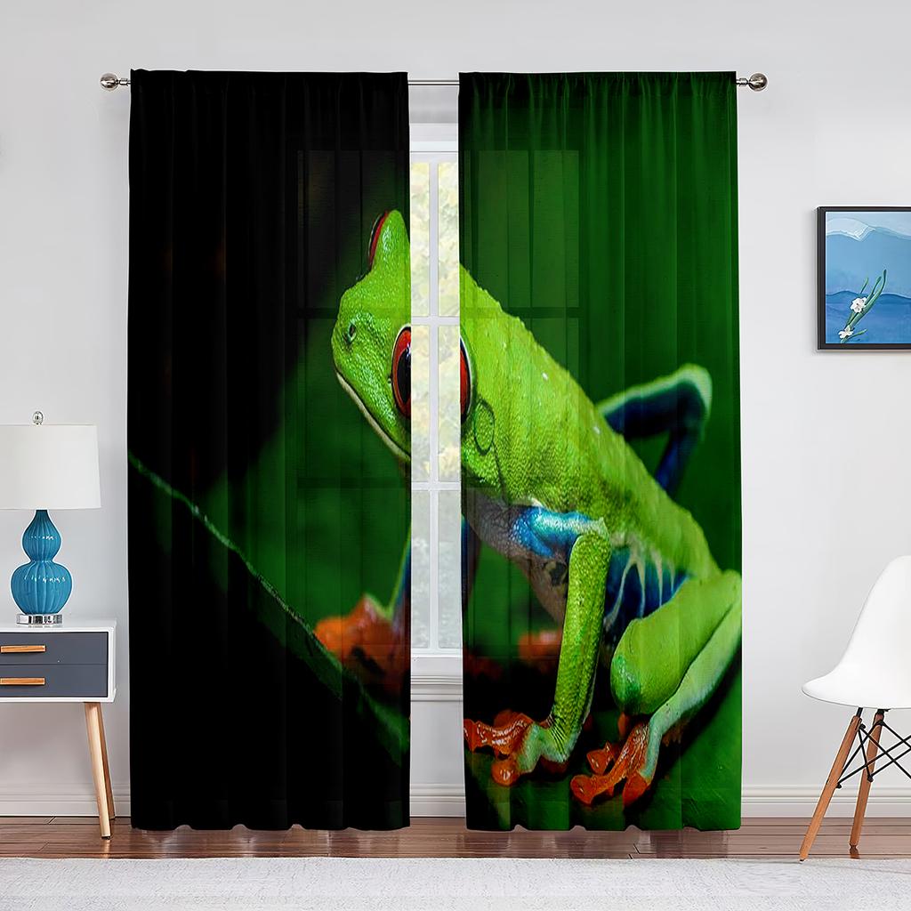 Grünes Tier Rote Augen Laubfrosch auf Blatt Tüllvorhang für Wohnzimmer Schlafzimmer Küchendekor Voile Transparenter Vorhang Fenstervorhänge