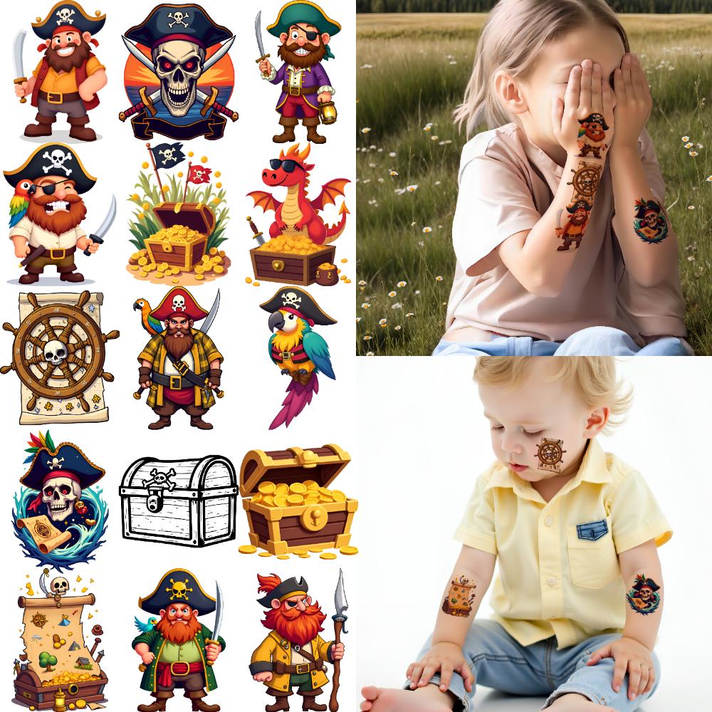 63 Pezzi Tatuaggi Temporanei Nave Pirata Cartone Animato Scheletro Teschio Baule del Tesoro Adesivi Tatuaggio Temporaneo Personaggi Pirata Per Braccia