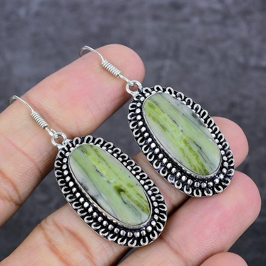 Natürlicher Schweizer grüner Opal-Edelstein, 925er Sterling-Silber, Schmuck-Ohrring, 5,5 cm, o1S88