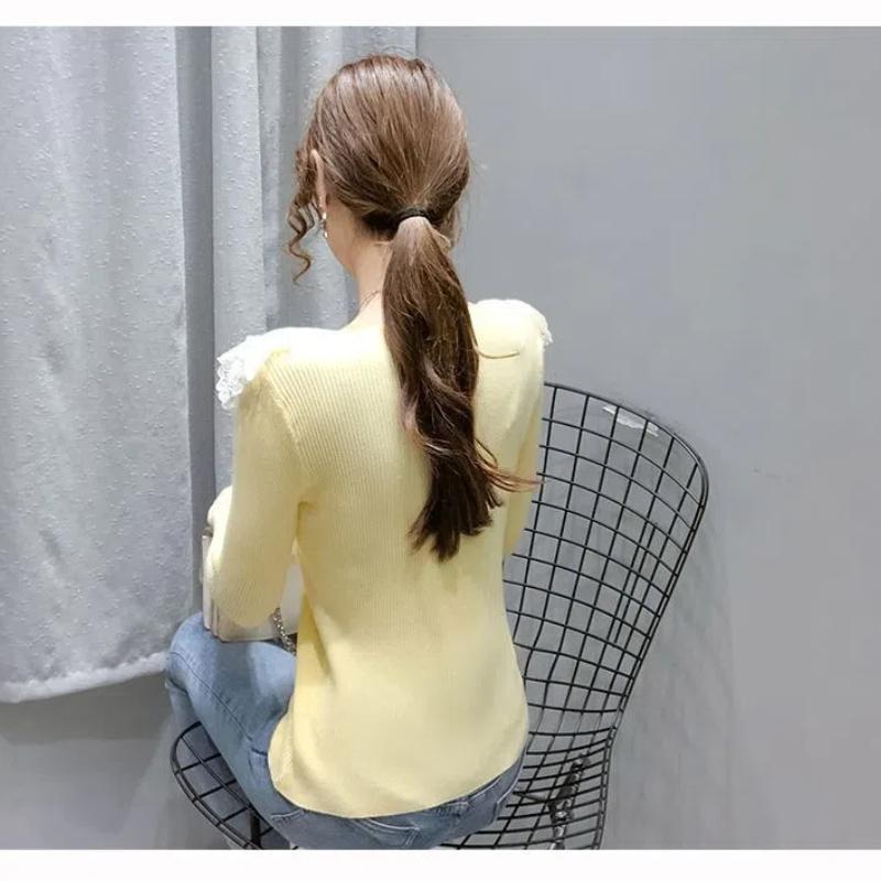 Doll Neck Women's Autumn and Winter New Spliced Lace Hollow Out Button Fashion Solid Color Casual Long Sleeved Knitted Top