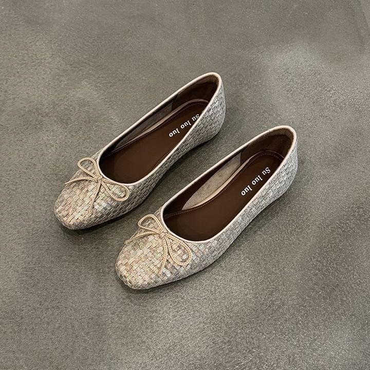 2025 New Niche Square Head Bow Shallow Mouth Single Shoes Women's Summer Flat Shoes Women's Soft Sole Comfortable Super Foreign Korean