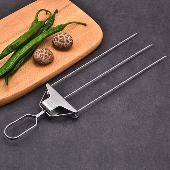 3-Prong Grill Skewers, Stainless Steel BBQ Skewers with Pusher, Rust-proof Grill Sticks for Meat Vegetables Chicken Shrimp, Outdoor Cooking Essential