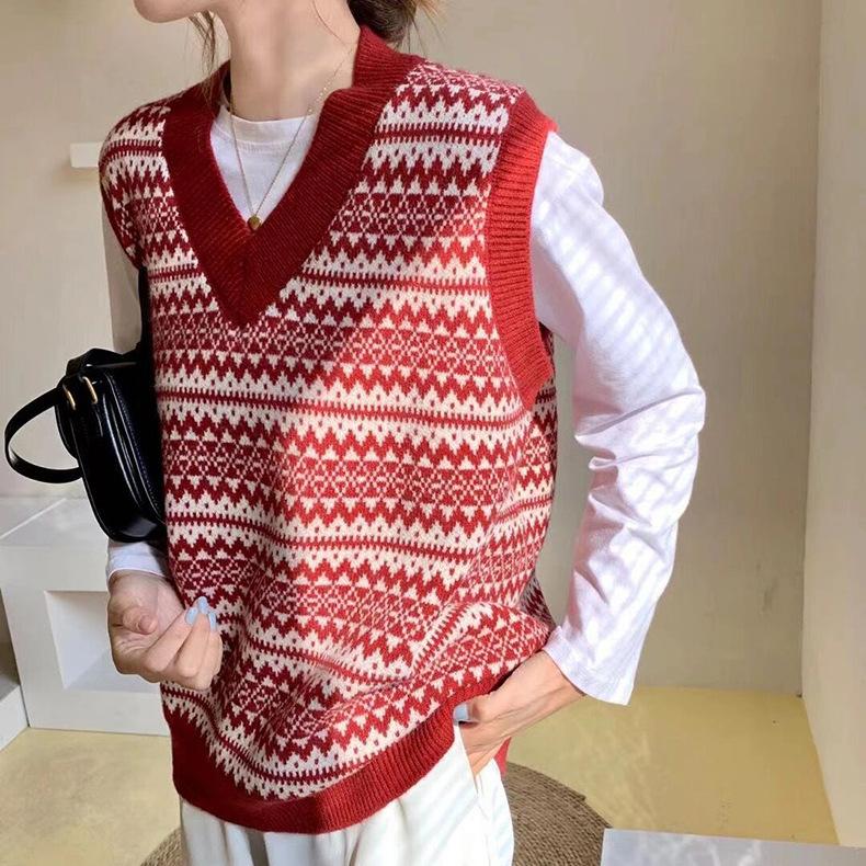 Geo Pattern Sweater Vest, Preppy V Neck Sleeveless Vest for Fall & Winter, Women's Clothing