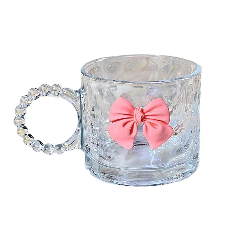 Handle Glass Mug Pink Bow Transparent Water Cup Flower Tea Cup Coffee Cup Portable Reusable Drinking Cup