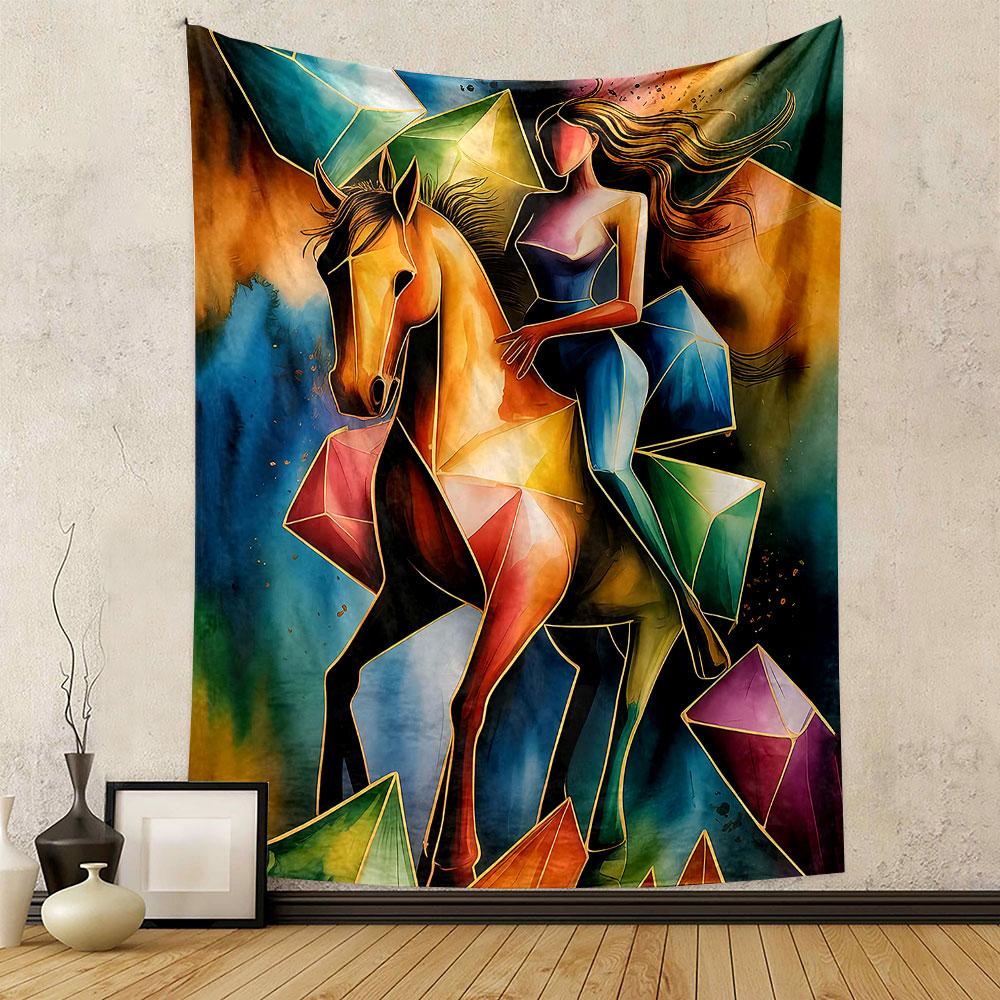 "Colorful Abstract Woman on Horseback" Patterned tapestry home decor, suitable for bedroom and living room, gift