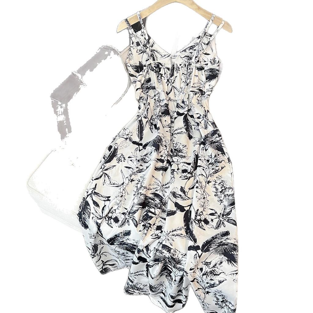 Seaside vacation style French stunning suspender ink printing V-neck summer loose lazy wind knee dress