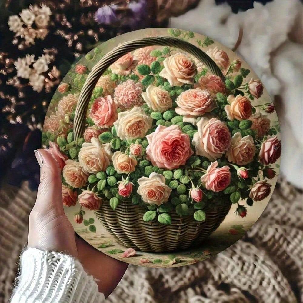 

Vintage Round Floral Metal Wall Art Basket Pink Rose Sign For Home Decor різнокольоровий