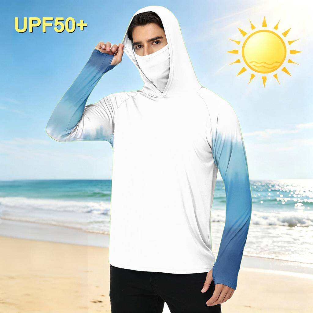 Men's Casual Outdoor Gradient Print Hooded Long Sleeve Sun Protection Shirt Lightweight Breathable UV Resistant Pullover Top