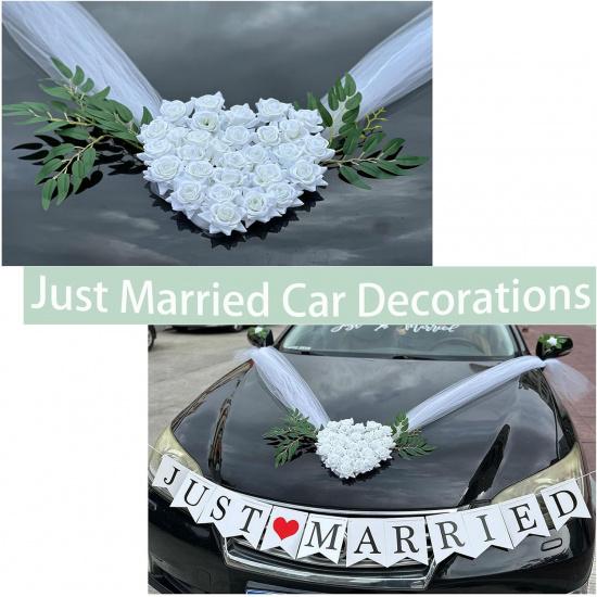 Heart-Shaped Wedding Car Hood Decoration With Angel Wing Design –2 Rearview Artificial Flowers, White Tulle Ribbons & Just Married Decal Set