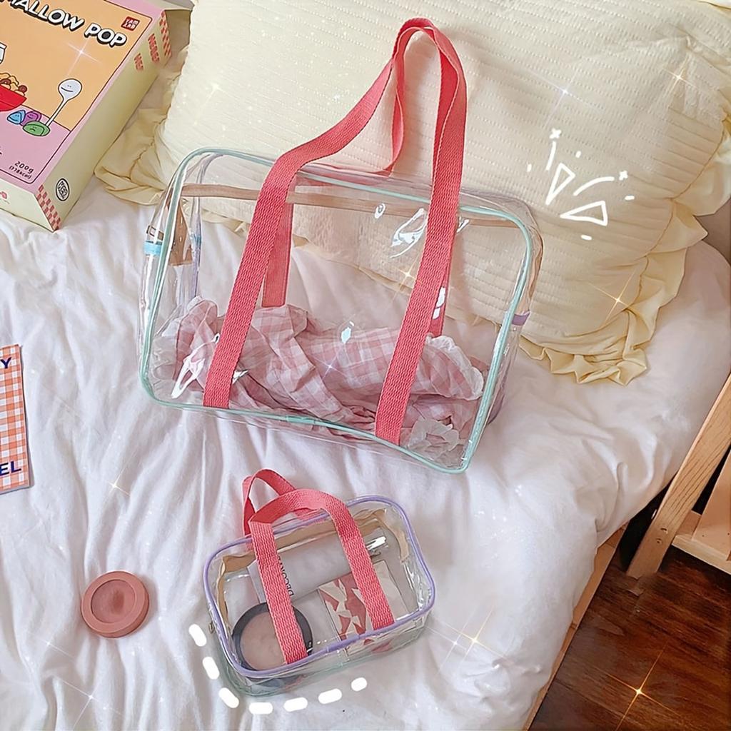 Fashion macarone makeup bag PVC transparent double tote bag go out large capacity beach bag swimming storage bag