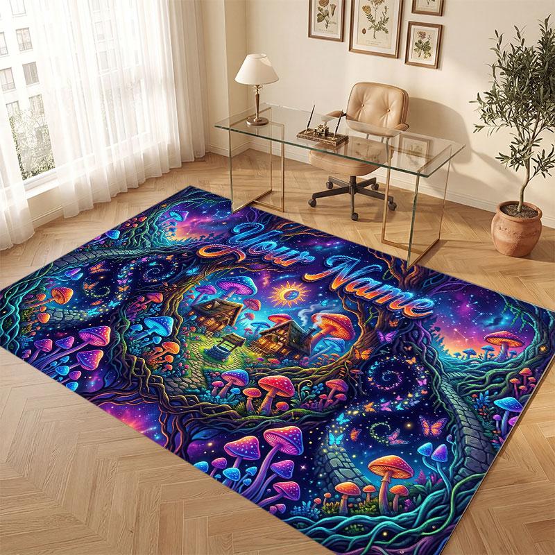 Mushroom Forest Theme Crystal Velvet Floor Rug Personalized Custom Name Text Warm Carpet Home Decoration