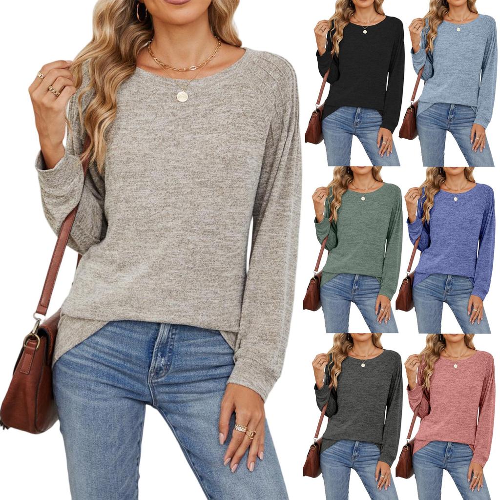 Dámský ležérní a módní jednobarevný top s kulatým výstřihem, volný, se stahovací šňůrkou, s dlouhým rukávem