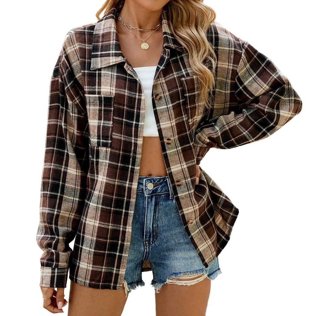 Spring and Autumn Jacket Women's Blouse Plus Size Lapel Long Sleeve Pocket Button Plaid Shirt