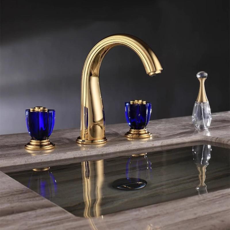 Luxury New Basin Faucets Brass Gold Bathroom Faucet Crystal Handle Sink Faucets 3 Hole Hot And Cold Sink Faucet Water Tap