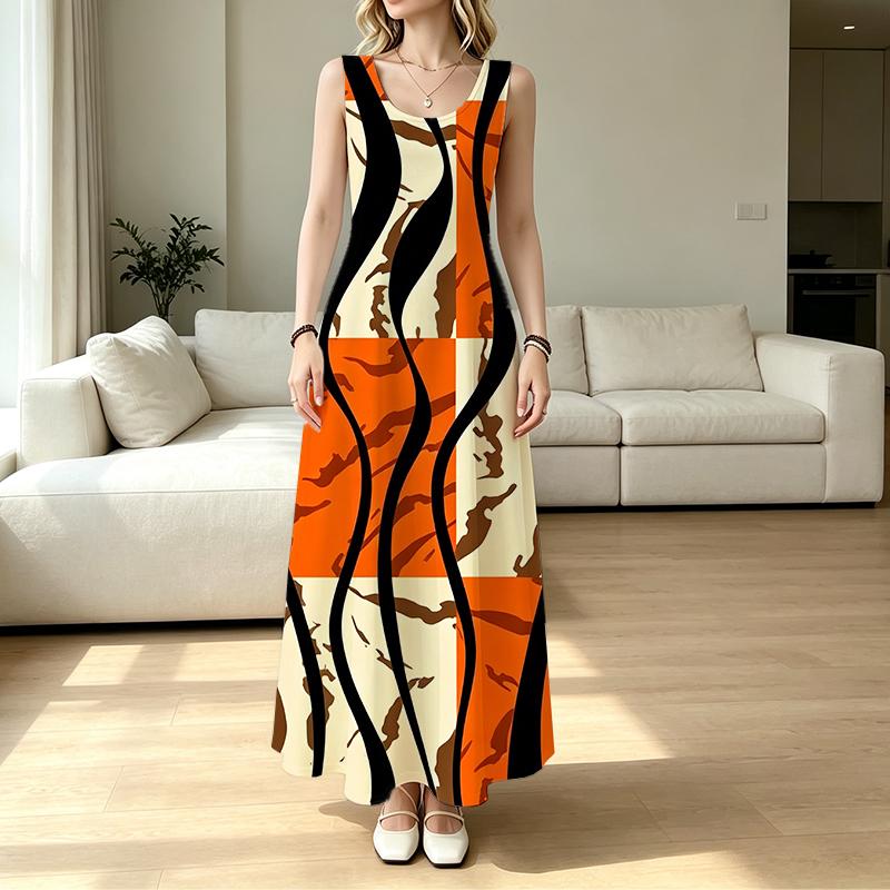 Women's U-Neck Sleeveless Maxi Dress Geometric Patchwork,Soft Fabric,Versatile for Loungewear,Outings & Travel Photoshoots